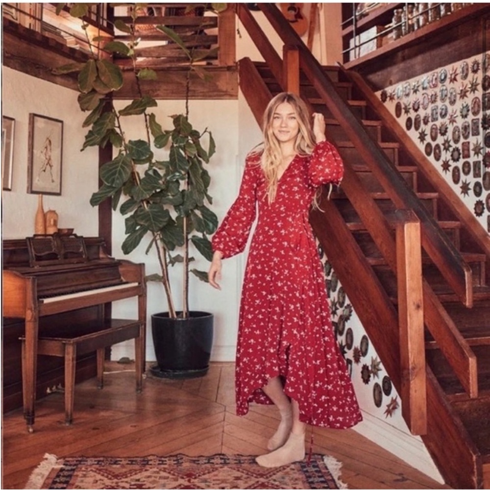 Christy Dawn Red Floral Maxi Dress with V-Neck and Balloon Sleeves